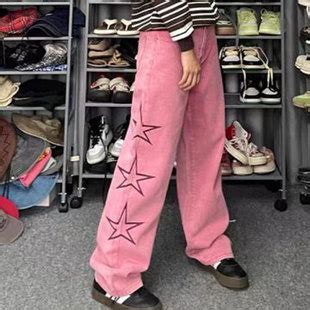 星星牛仔裤2022秋季薄款宽松美式复古粉色高街直筒阔腿裤子ins潮-阿里巴巴