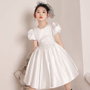 儿童礼服2023新款花童婚礼小女孩钢琴演奏服白色缎面女童公主裙-阿里巴巴