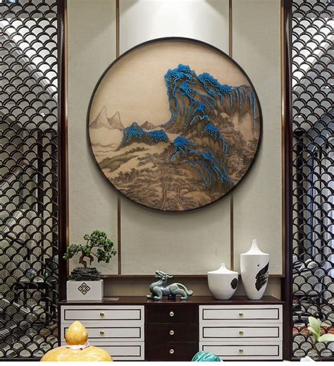 新中式客厅装饰画立体山水圆形实物钉子画玄关样板间壁画餐厅挂画-美间设计