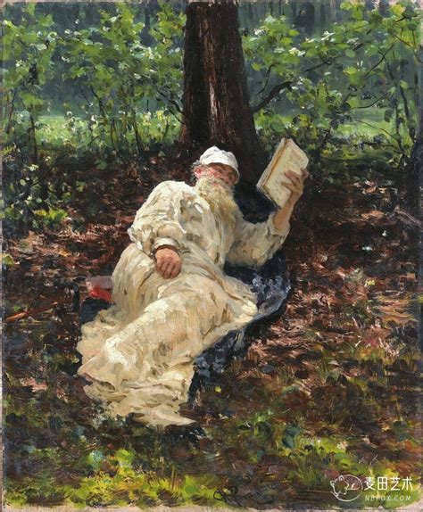 托尔斯泰在森林里 Leo Tolstoy in the forest - 列宾作品,无水印高清图 - 麦田艺术