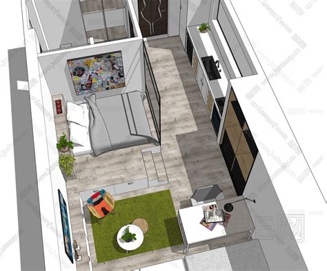 现代单间公寓整体方案-sketchup模型_sketchup模型库_建E室内设计网!