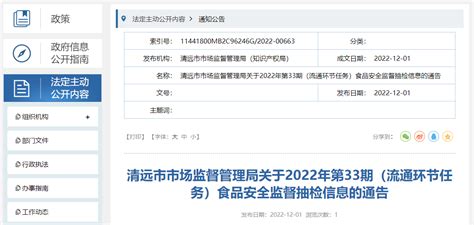广东省清远市市场监管局关于2022年第33期（流通环节任务）食品安全监督抽检信息的通告-中国质量新闻网