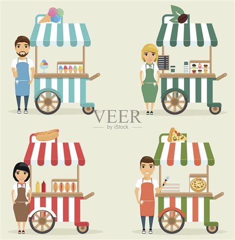 小卖部附近有卖快餐、咖啡和冰淇淋的小贩。插画图片素材_ID:163291129-Veer图库