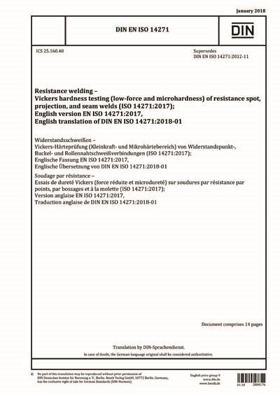 DIN EN ISO 14271:2018 DE - Widerstandsschweißen - Vickers-Härteprüfung ...