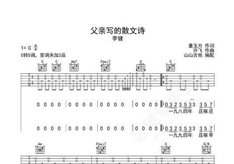 父亲写的散文诗吉他谱 李健 C调民谣弹唱谱 附音频-吉他谱中国