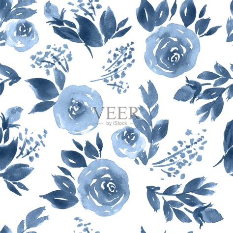 水彩无缝浪漫曼荼罗抽象花靛蓝色花卉图案在白色的背景插画图片素材_ID:391799563-Veer图库