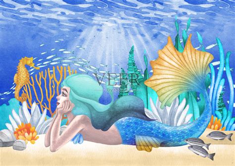 水彩美人鱼躺在海底的珊瑚礁植物和鱼类之间的沙插画图片素材_ID:392435656-Veer图库