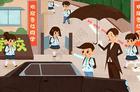 卡通儿童插画——在学校门口可爱小女孩和小男孩EPS素材免费下载_红动中国