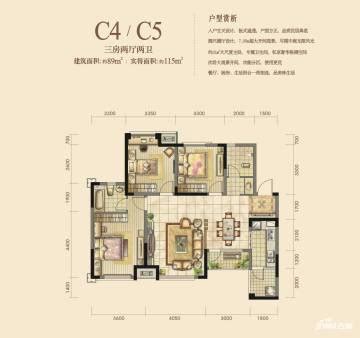 眉山领地凯旋府3室2厅2卫户型图-眉山楼盘网