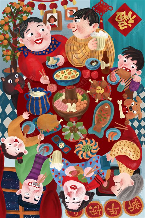 中秋团圆吃饭的大家庭插画图片下载-正版图片401778174-摄图网