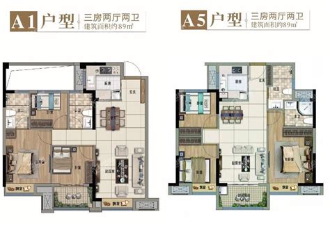 德兴·印象铂郡A6户型，德兴·印象铂郡3室2厅2卫1厨约89.00平米户型图，朝南朝向 - 龙岩安居客