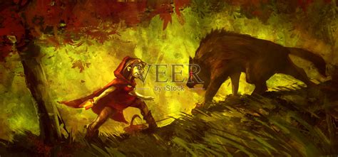 小红帽在森林里与狼搏斗，彩绘有趣插画图片素材_ID:352070443-Veer图库