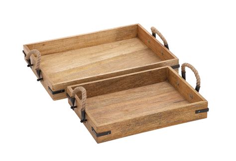 Decmode Natural Rectangular Wood Serving Trays with Jute Rope Handles ...