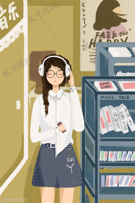 听音乐的女孩卡通插画素材图片免费下载-千库网