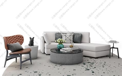 现代布艺沙发、茶几和休闲椅组合3D模型下载_模型ID:30116-让提网