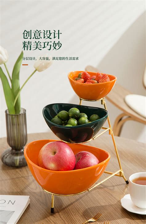 陶瓷水果盘创意KTV果盘客厅干果碗家用零食盘多层可拆分铁架果篮-阿里巴巴