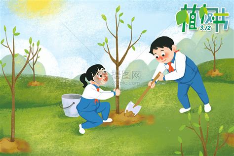 植树节文艺给树苗施肥的少女植树节海报背景插画素材下载 - 觅知网