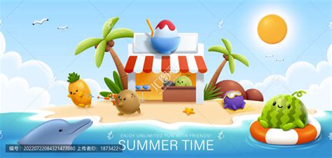 可爱水果角色在小岛上享受夏日时光插图,设计模板,汇图网www.huitu.com