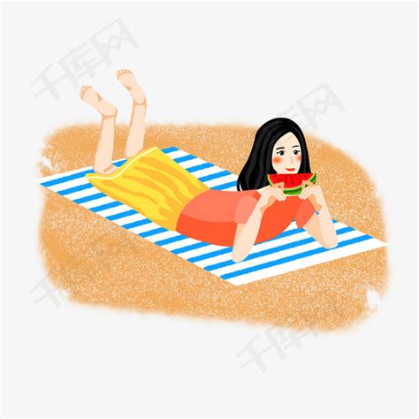 清爽夏天阳光沙滩吃西瓜插画图片下载-正版图片401502352-摄图网