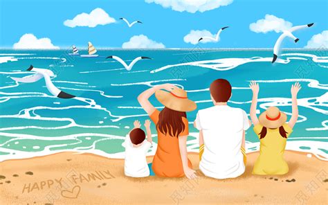 彩色卡通手绘幸福一家人温馨海边看风景原创海报插画图片素材免费下载 - 觅知网