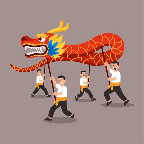 People Perform Traditional Chinese Dragon Dance Flat Illustration ...