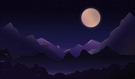 달과 산이 있는 아름다운 밤 풍경 | 프리미엄 벡터
