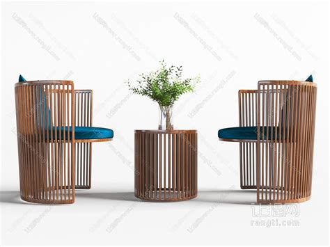 东南亚条形镂空实木休闲椅子茶几3d模型下载_模型ID:57295-让提网
