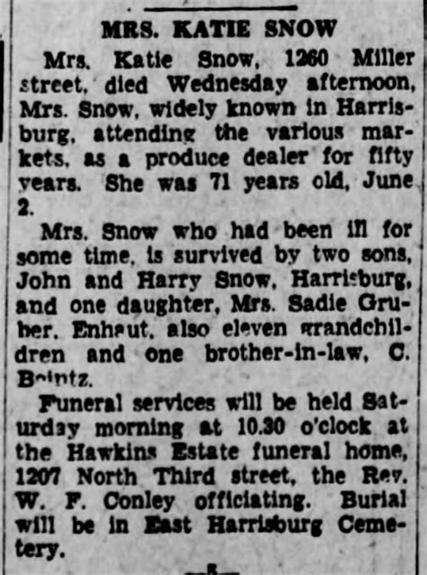 Katie Weiss Snow obit - 20 Jun 1929 - Harrisburg Telegraph News - PA ...