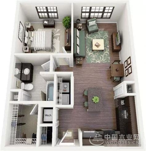全景3D一室一厅装修效果图-中国木业网