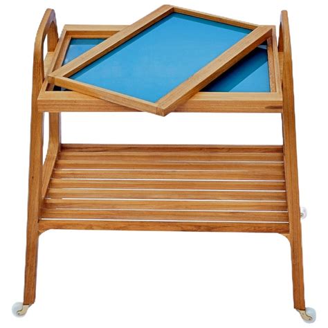 SOFO Tea Trolley in Freijo Wood with Blue Glass Tray For Sale at 1stDibs