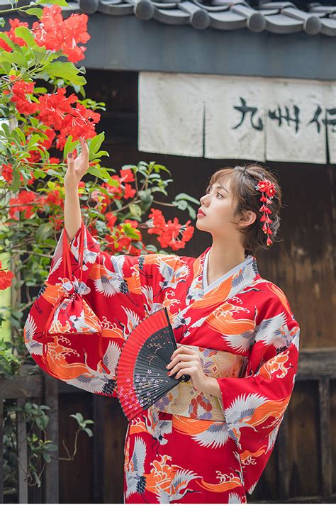 月下和服 大红仙鹤 女士日本改良和服浴衣 日系复古摄影写真服装-淘宝网