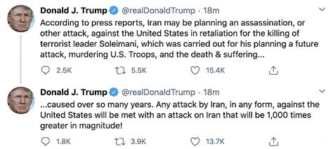 特朗普称伊朗计划对苏莱曼尼被杀展开报复，威胁称美国将予以“1000倍力度回击”|界面新闻 · 快讯