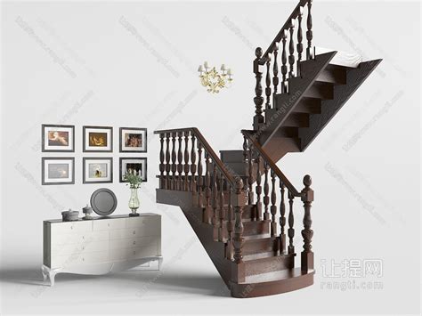 欧式实木雕花栏杆的转角楼梯和装饰柜3d模型下载_模型ID:35536-让提网