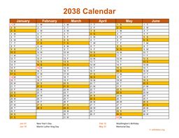 2038 Calendar (PDF, Word, Excel)