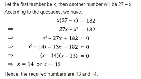 Find two numbers whose sum is 27 and product is 182 - CBSE Class 10 ...