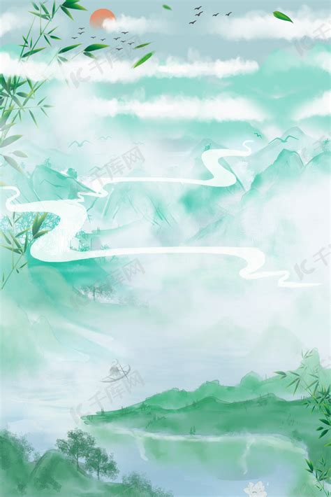 古风山水绿色中国风云雾缭绕山中景致背景图片免费下载-千库网