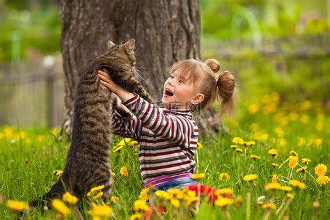 可爱的小女孩和一只猫一起玩高清摄影大图-千库网