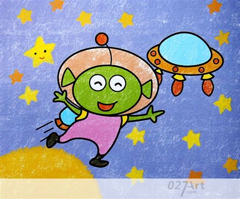 儿童画太空中的外星人