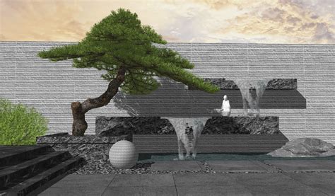 新中式跌水水景 叠水景观 柏松 松树 水景墙SU模型 水景景观墙SU模型