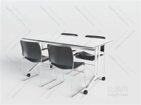 现代黑白带滑轮的办公桌椅组合3d模型下载_模型ID:38921-让提网