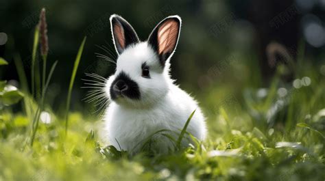 一只黑白相间的兔子坐在草地上高清摄影大图-千库网