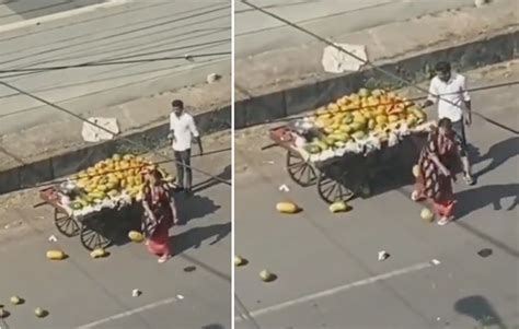 印度一妇女因被水果小贩撞了车 当街将其水果扔在地上