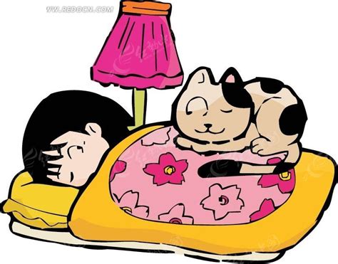 睡觉的女孩和猫咪卡通画AI素材免费下载_红动中国