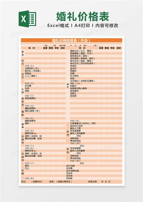 橙色简约婚礼价格核算表模版Excel模板下载_熊猫办公