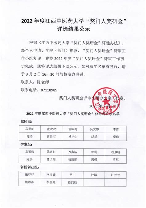 江西中医药大学2022年秋季学校奖学金公示名单-江西中医药大学