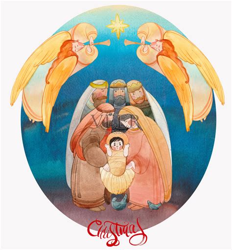 圣诞水彩插画的诞生场景:新生的耶稣基督，受祝福的圣母玛利亚，约瑟夫和天使。圣诞基督教的问候，明信片和印刷品。插画图片素材_ID ...