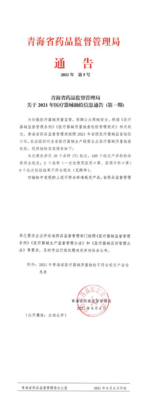 青海省药品监督管理局关于2021年医疗器械抽检信息通告（第一期）-中国质量新闻网