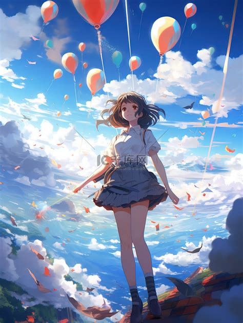晴朗天空白云漂亮的女孩二次元动漫11插画图片-千库网