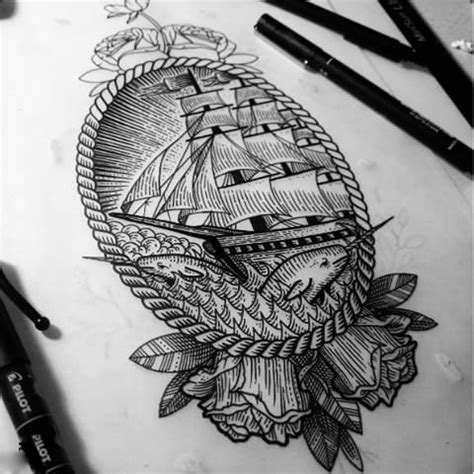 帆船纹身含义寓意+53幅帆船纹身手稿、效果图展示-成都纹彩刺青