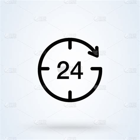 24小时服务开放时钟箭头标志线图标或标志。在线24的概念。24小时向量线性插图。